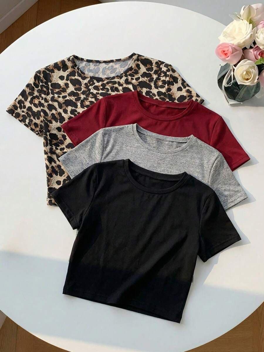 Effen kleur + luipaardprint M 4st.