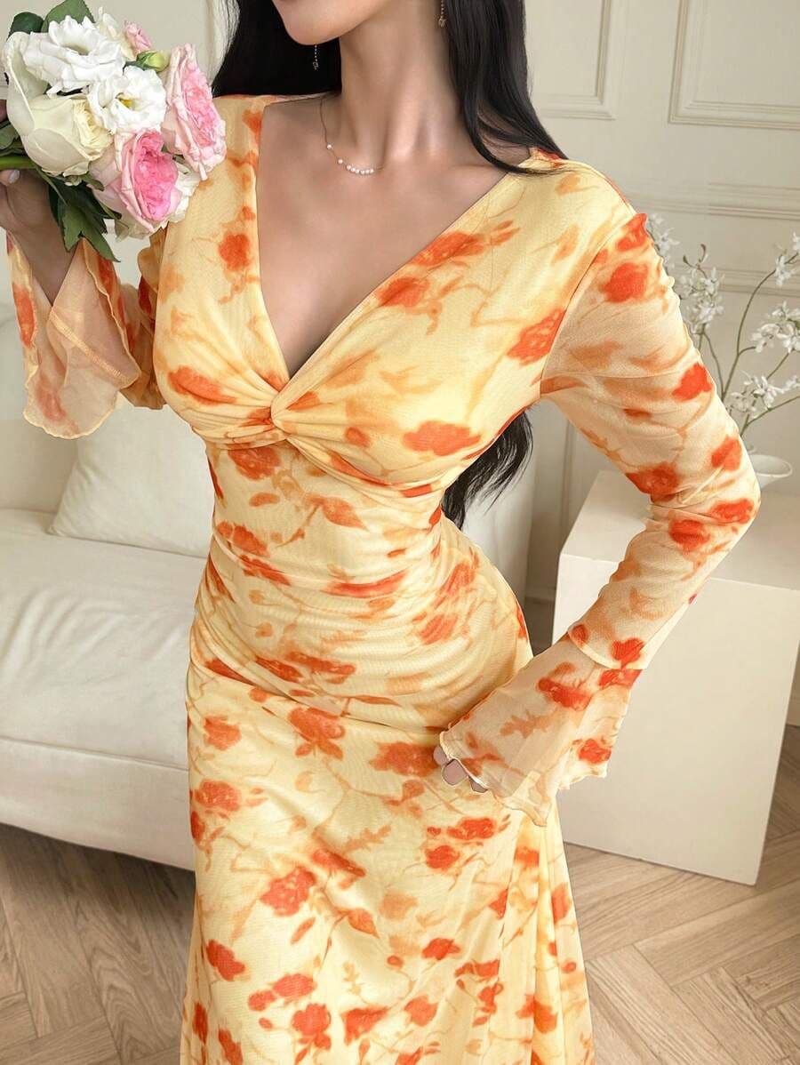 V-hals twist maxi slim-fit bodycon-jurk M *