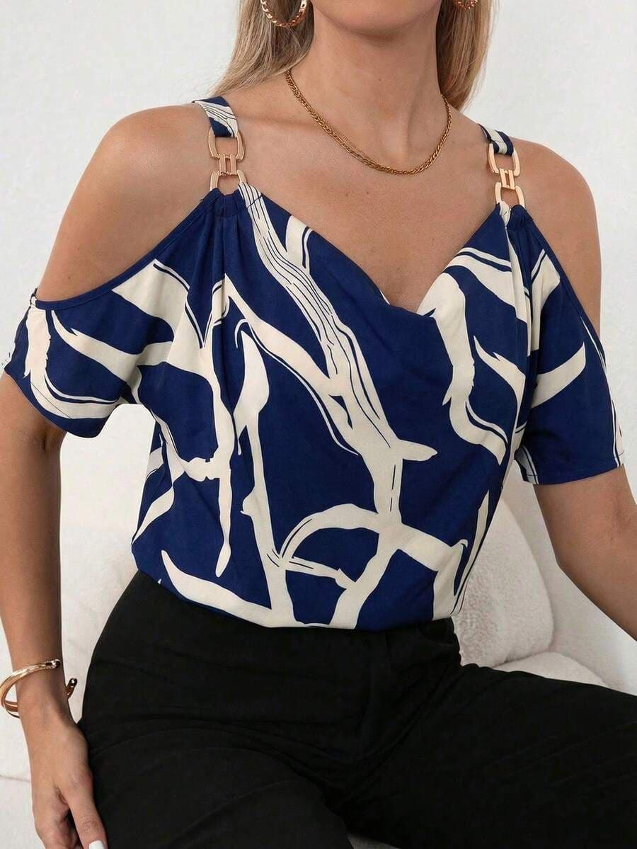 Open schouderbloes met ketting Blauw  M *