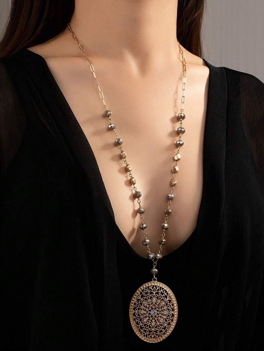 Modieuze zinklegering strass decor ovale bedelketting