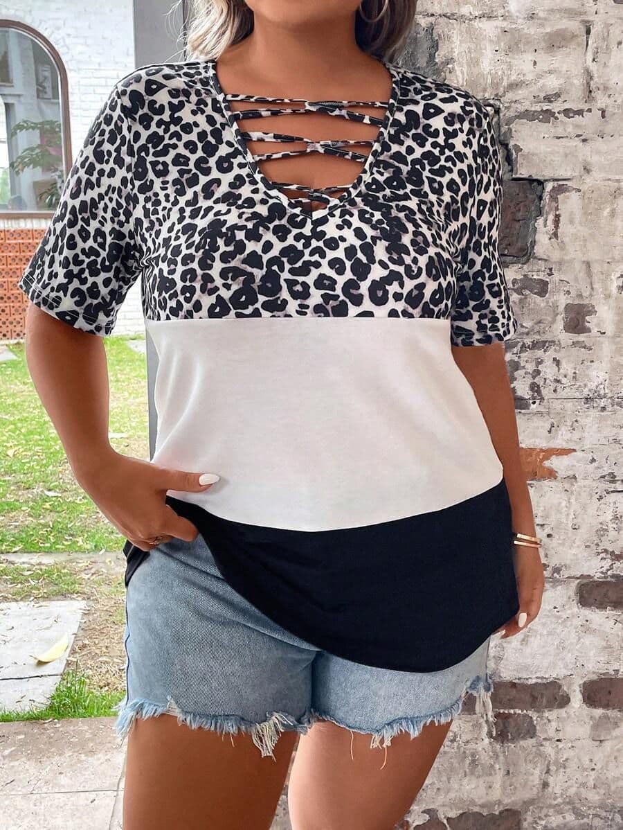 Shirt met kleurblokken en luipaardprint 0XL