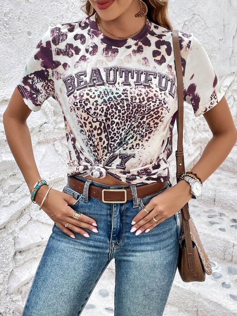 Grafisch t-shirt met luipaard en letter M