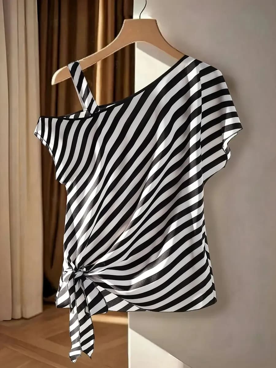 Wit zwart-wit gestreept asymmetrisch schouderblouse XXL