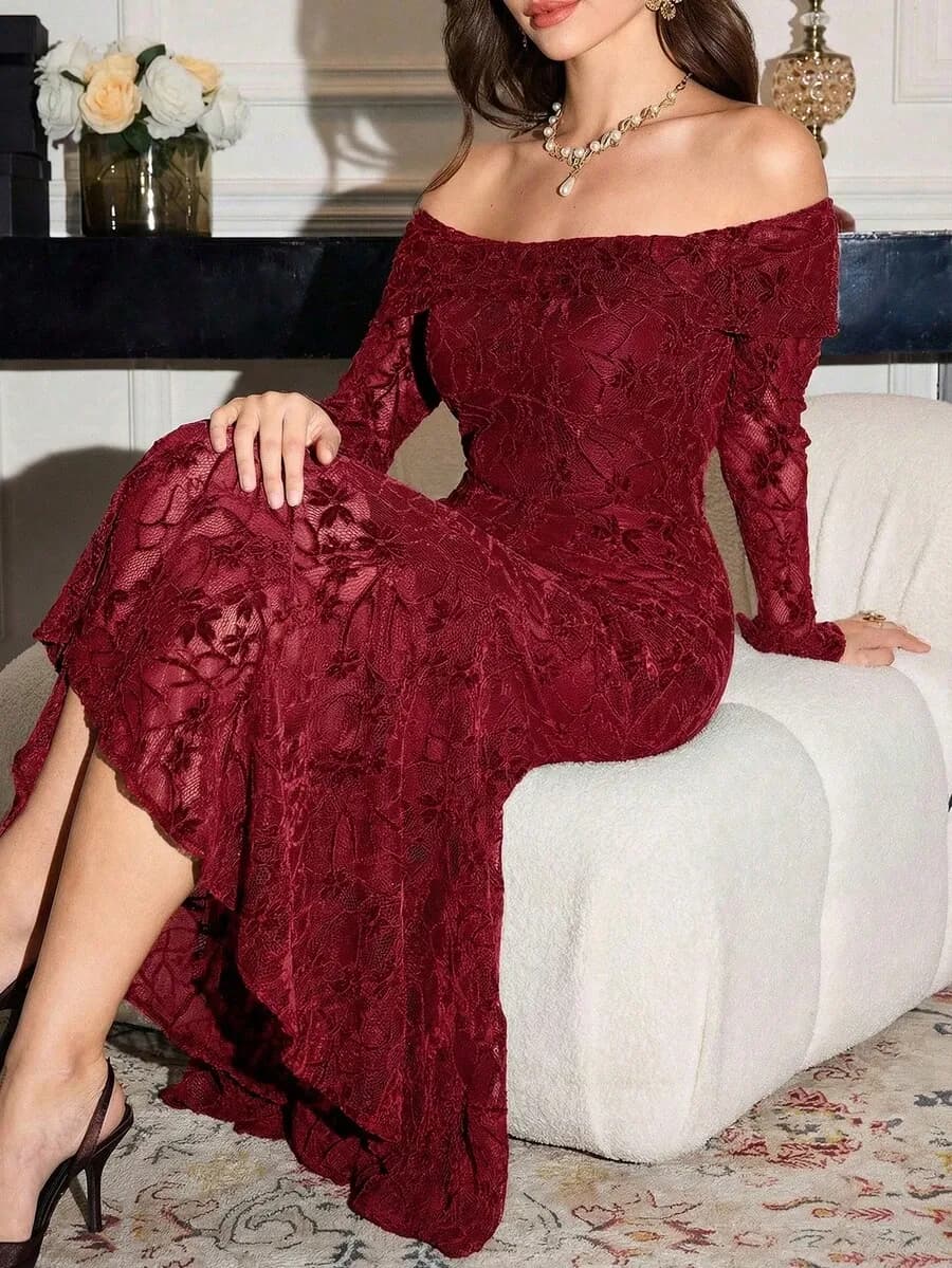 Koffiekleurige kanten off-shoulder L