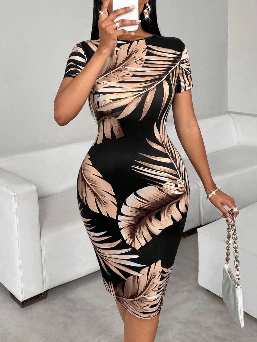 Bodycon mini-jurk met tropische bladprint L