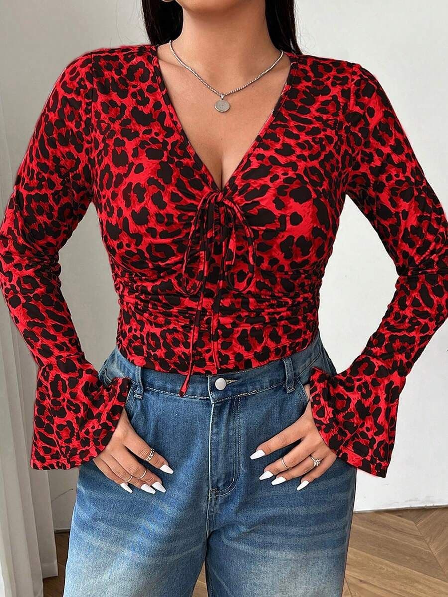 Luipaard print v-hals lange mouw 0XL/1XL
